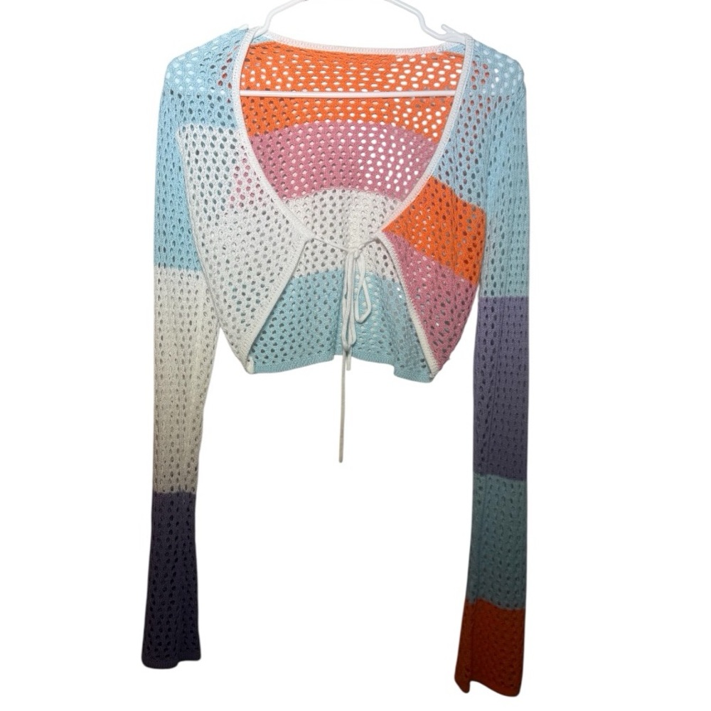 Crochet Mesh Open-Side Tie Front Sweater Shrug - Pastel Colorblock